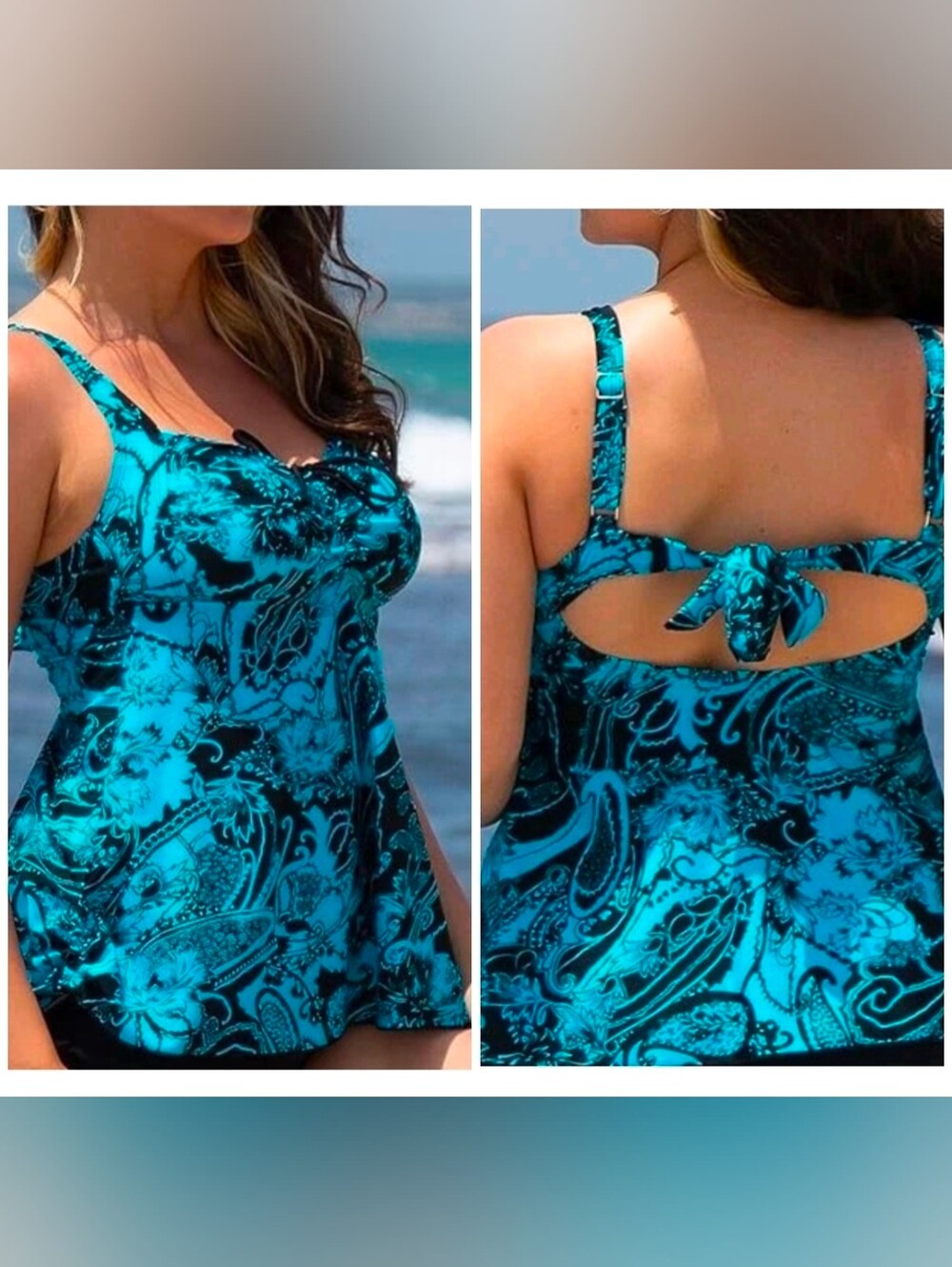 Septangle Womens Plus Size 20 Blue Paisley Print Tankini Swim Top Shelf Bra New